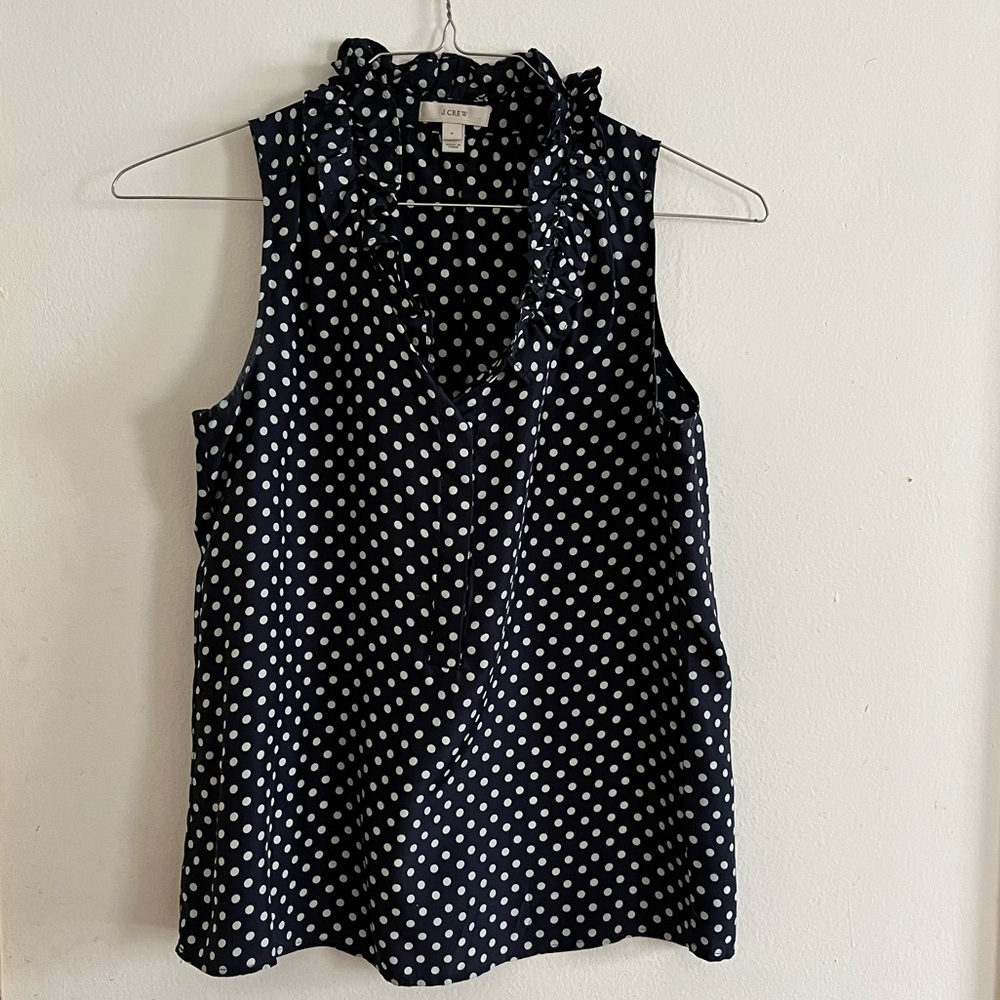 J.Crew Sleeveless Navy Silk Polka Dot Ruffle Top 0